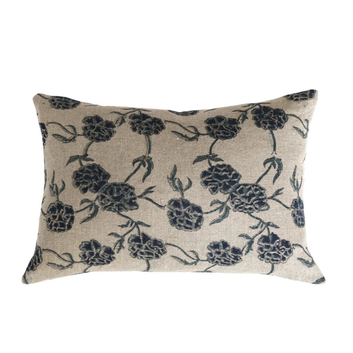 Lark Hand-Block Printed Floral Pillow Cover – Blue &amp; Green on Beige Linen
