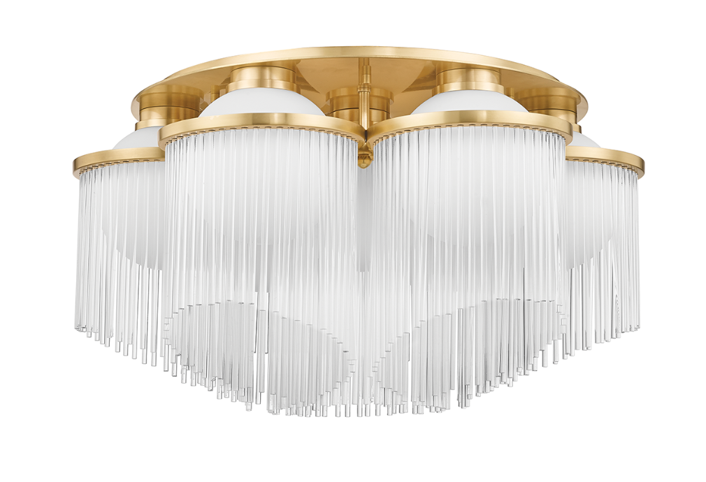 Celestial Flush Mount | Aged Brass Rings with Opal Matte Globes and Glass Rods