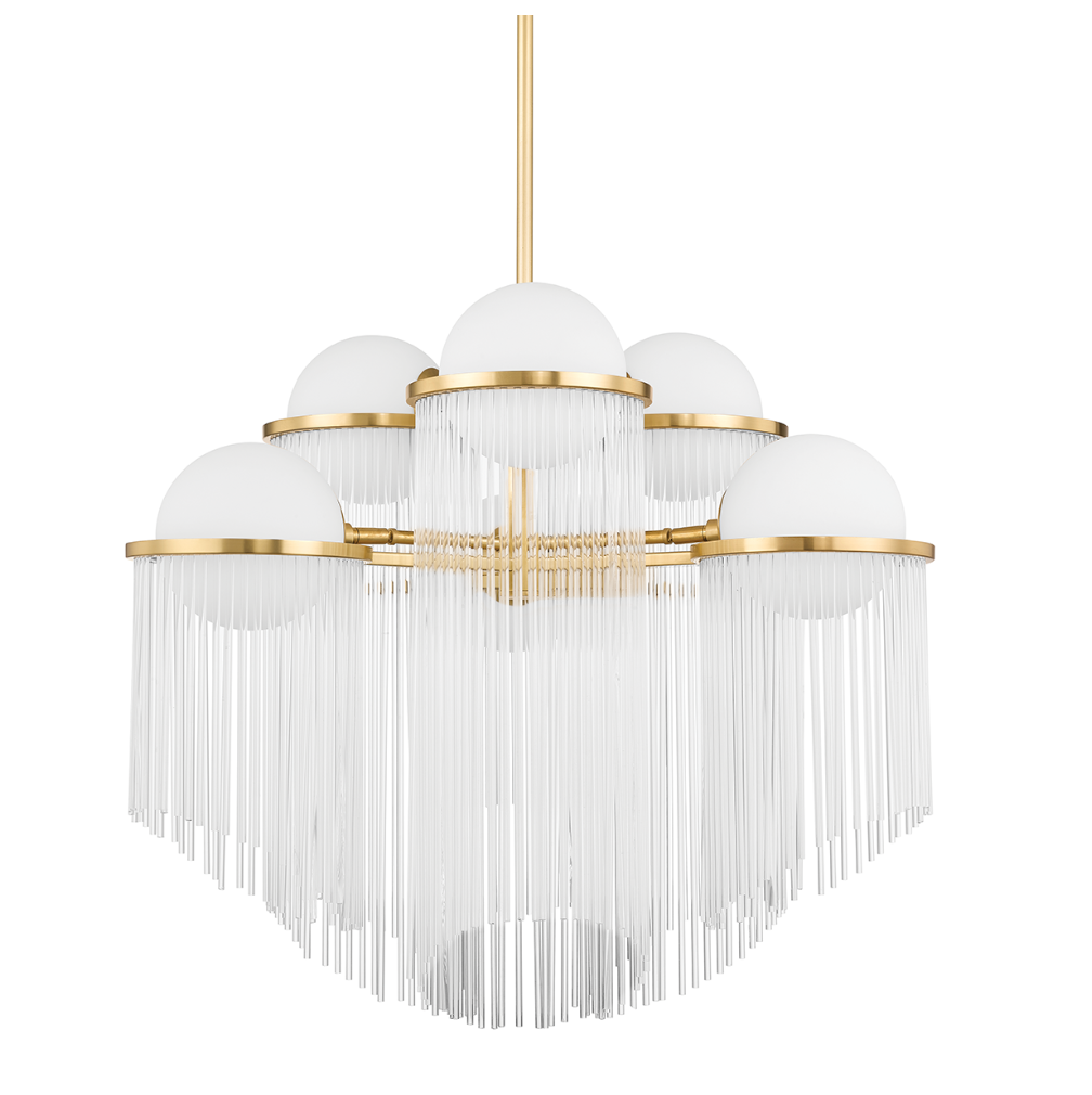 Celestial Chandelier Medium | Aged Brass Rings with Opal Matte Globes and Glass Rods
