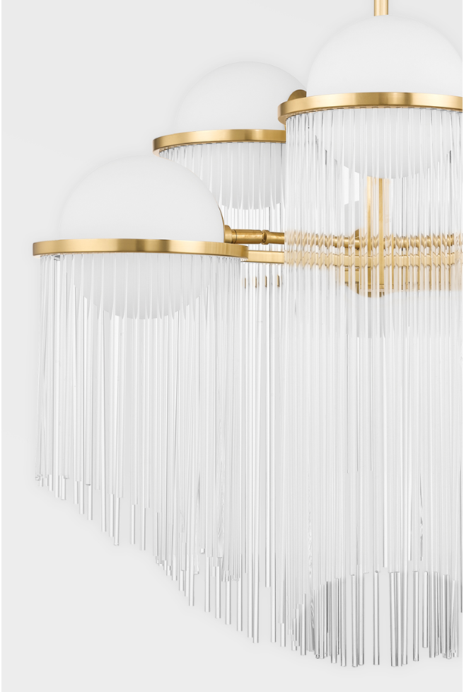 Celestial Chandelier Medium | Aged Brass Rings with Opal Matte Globes and Glass Rods