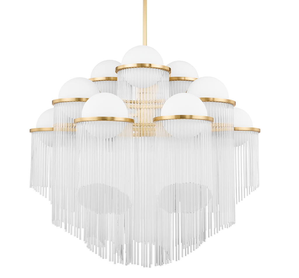Celestial Chandelier Large | Aged Brass Rings with Opal Matte Globes and Glass Rods