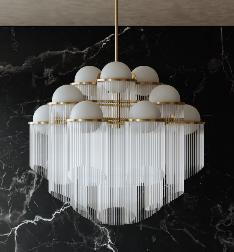 Celestial Chandelier Large | Aged Brass Rings with Opal Matte Globes and Glass Rods