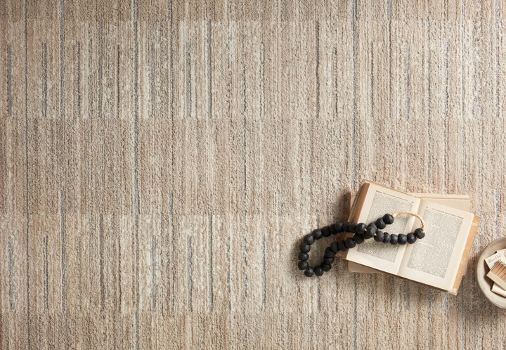 Natural Elegance: Arden Rug in Neutral Pebble, original photo with books